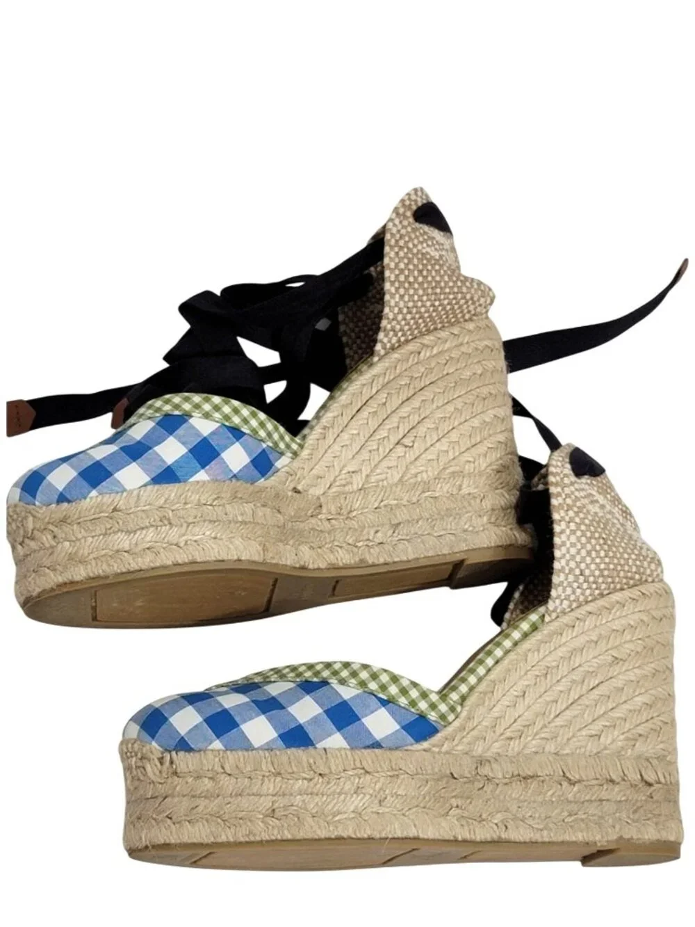 Castaner Womens Espadrille Wedges Blue Gingham Print Lace-Up Size 35